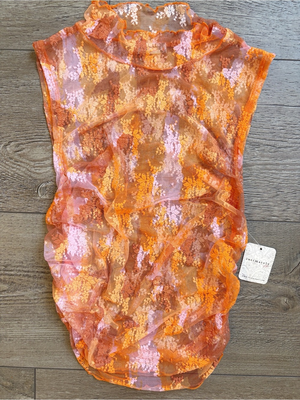 Intimately Free People Semi Sheer Orange & Pink Floral Lace Mesh Sleeveless Top